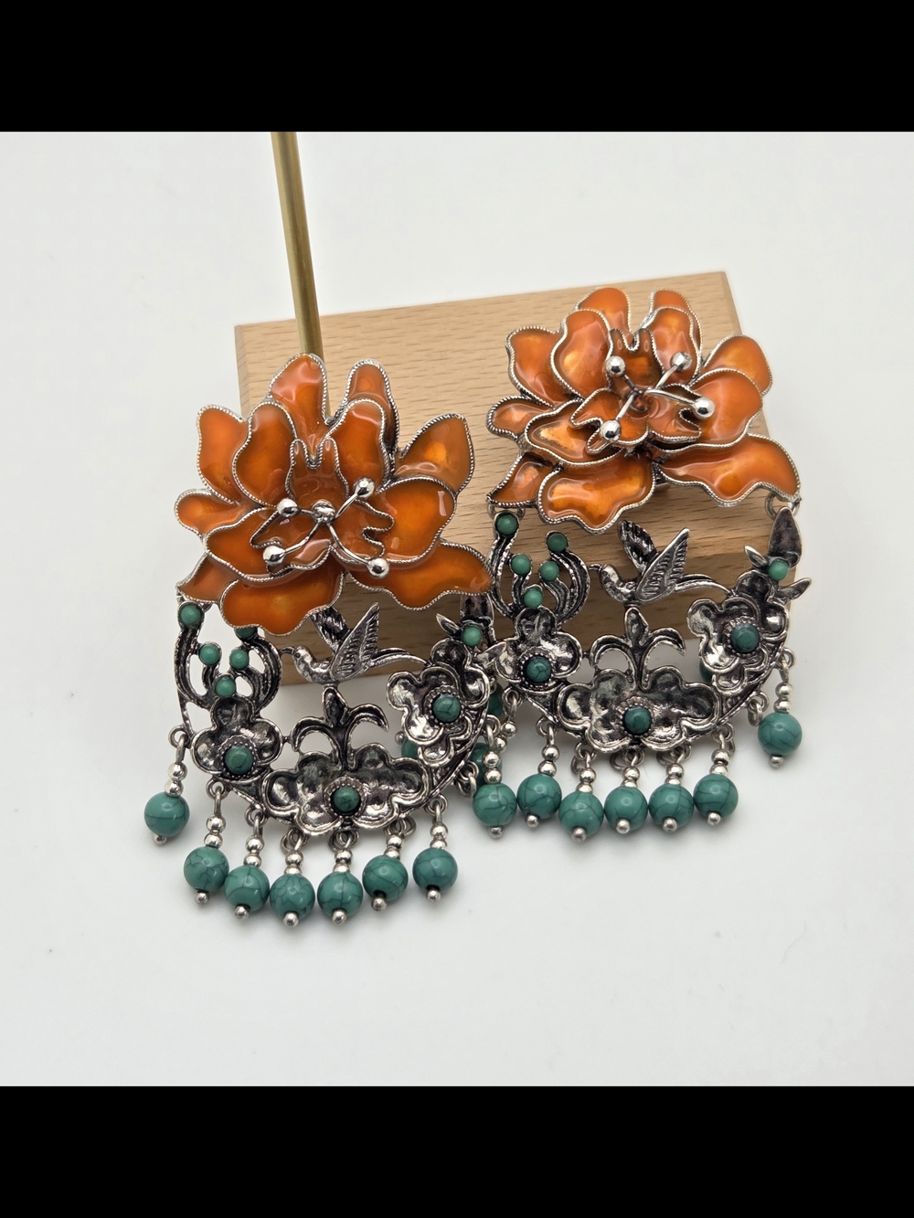 ​Zara Orange Enamel Flower & Bird Statement Earrings – Boho Turquoise Bead